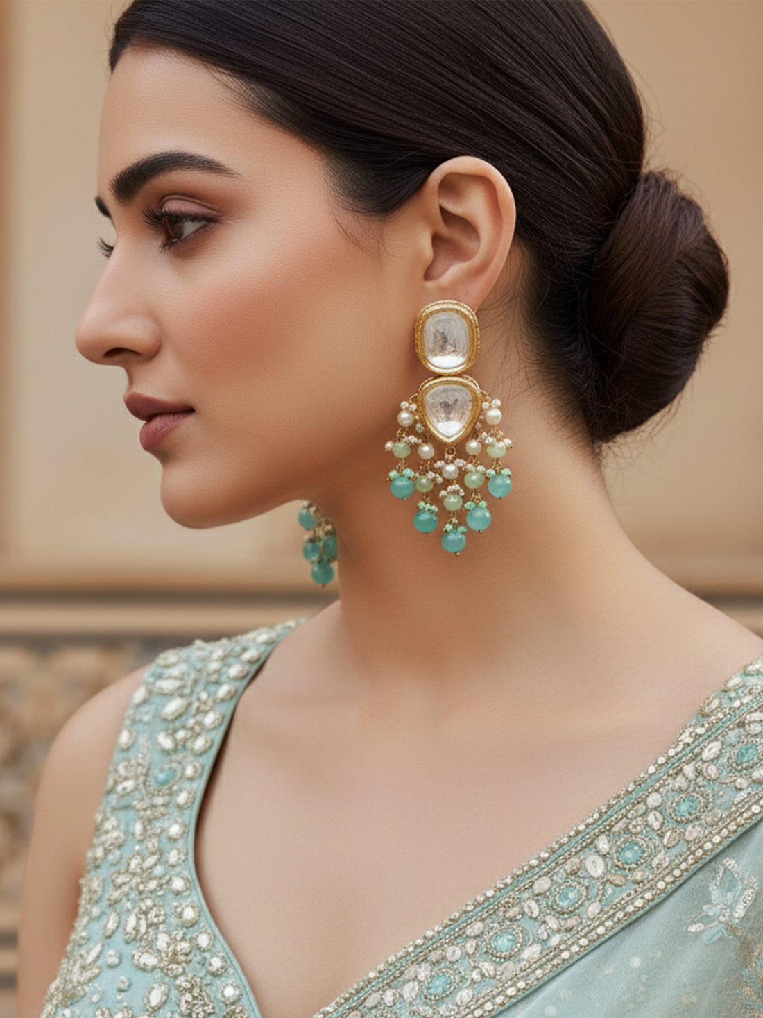 Karatcart Gold Plated Blue Beads Polki Kundan Drop Earrings for Women