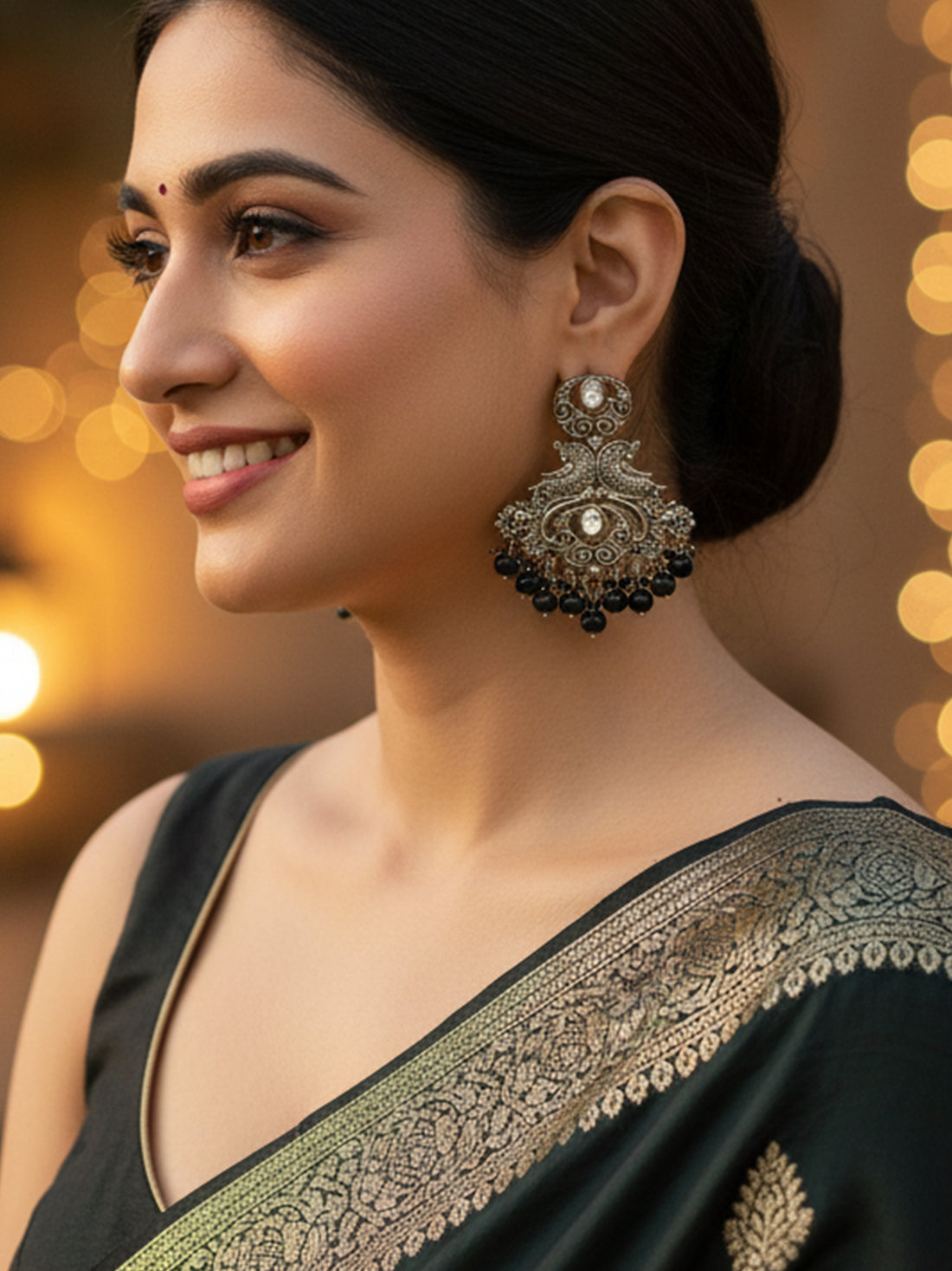 Karatcart Antique Gold Plated Black Beads Peacock Design Kundan Dangler Earrings for Women
