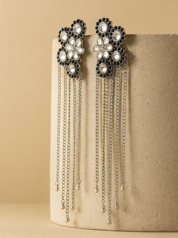 Karatcart Oxidised Silver Black Ball Studded Kundan Tassel Earrings for Women