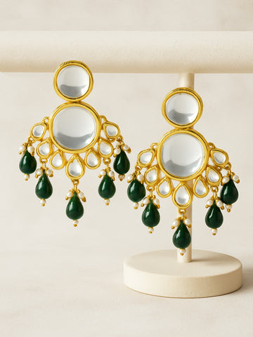 Karatcart Gold Plated Polki Kundan Green Beads Dangler Earrings for Women