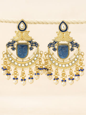Karatcart Gold Plated Blue Carved Stone Kundan Dangler Earrings for Women