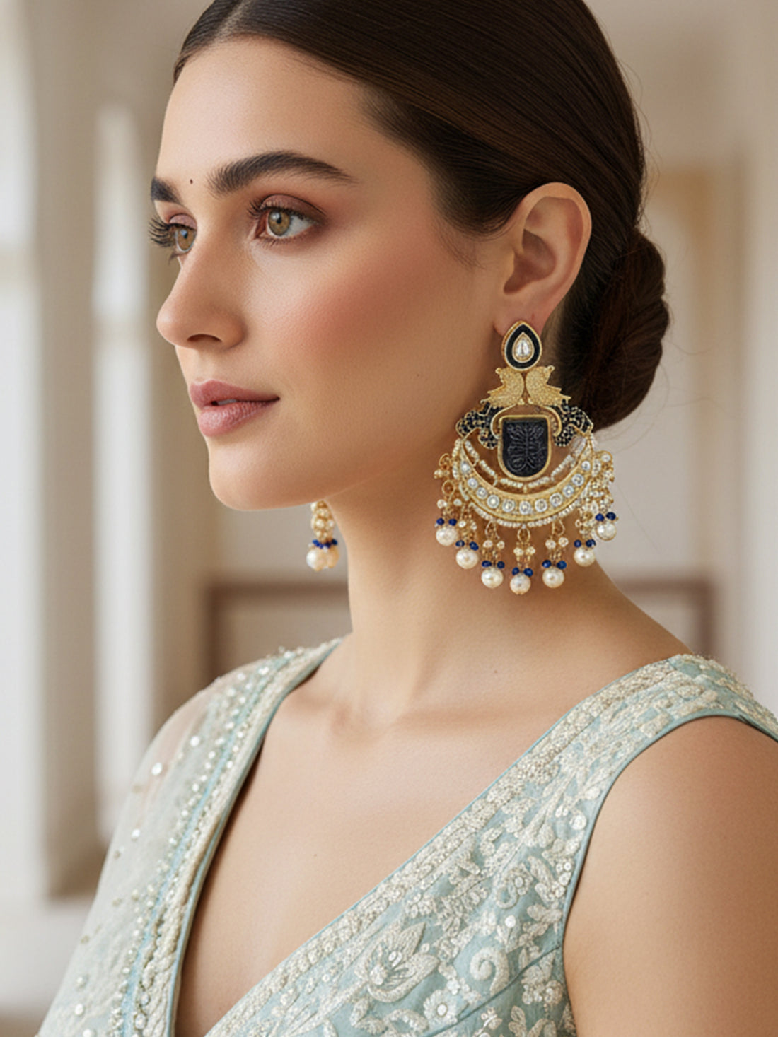Karatcart Gold Plated Blue Carved Stone Kundan Dangler Earrings for Women