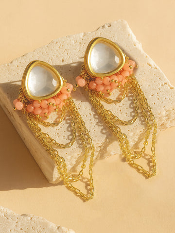 Karatcart Pink Crystal Polki Kundan Chain Drop Earrings for Women