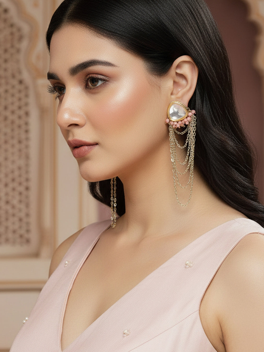 Karatcart Pink Crystal Polki Kundan Chain Drop Earrings for Women