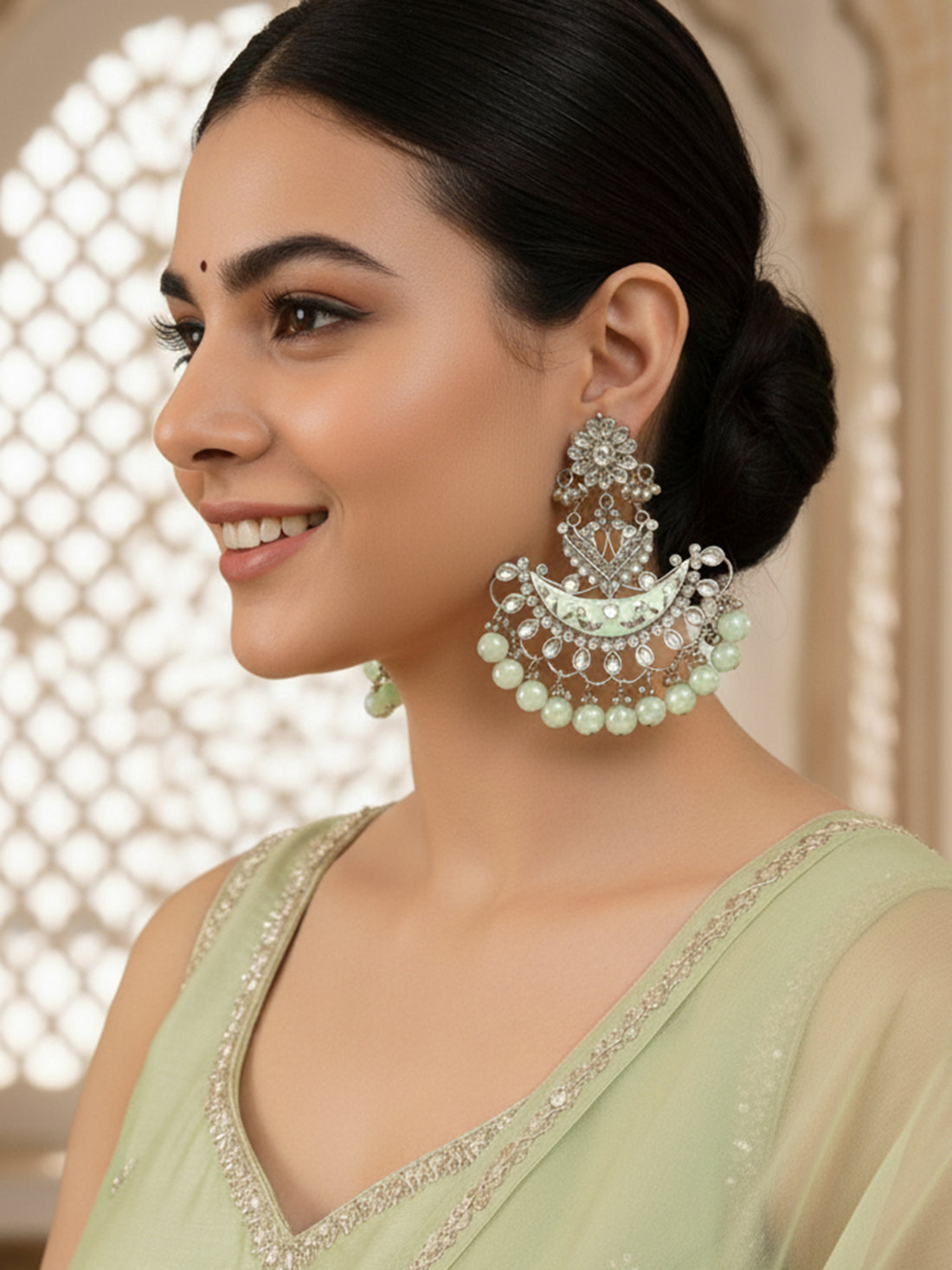 Karatcart Oxidised Silver Light Green Meena Kundan Dangler Earrings for Women