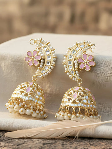 Karatcart Gold Plated Pink Floral Kundan Jhumki Kaanchain Earrings for Women