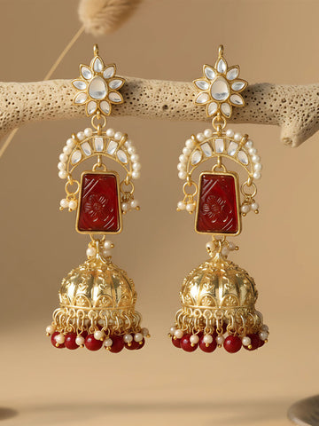 Karatcart Gold Plated Red Carved Stone Kundan Jhumki Drop Earrings for Women