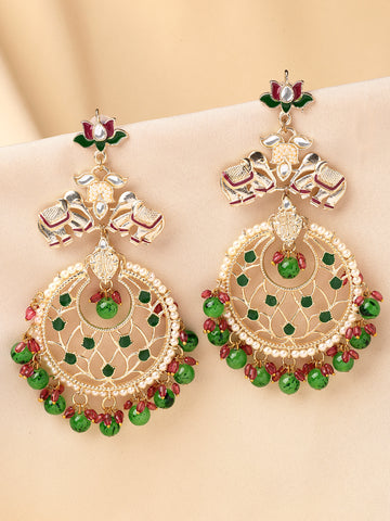 KARATCART Gold-Plated Green and Pink Beads Elephant Motif Kundan Chandbali Earrings for Women