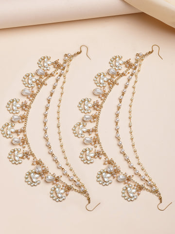 KARATCART Gold-Plated Traditional Pearl Beaded Kundan Kaanchain Earrings for Women