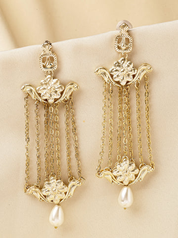 KARATCART Designer Gold-Plated Floral Multi-Chain Kundan Dangler Earrings for Women