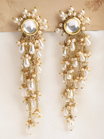 KARATCART Designer Gold-Plated Drop Pearl Floral Polki Kundan Tassel Earrings for Women