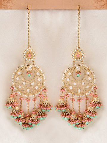 KARATCART Designer Gold-Plated Pink and Blue Crystal Kundan Dangler Earrings for Women