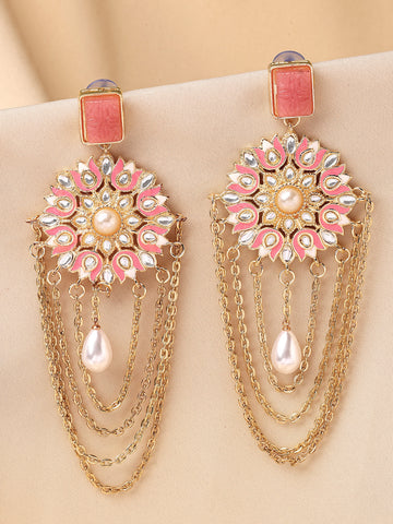 KARATCART Gold-Plated Pink Enamel Floral Design Kundan Dangler Earrings for Women