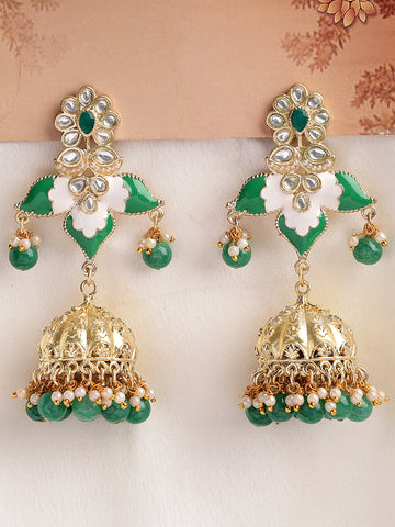 KARATCART Gold-Plated Green Enamel Floral Design Kundan Jhumki Earrings for Women