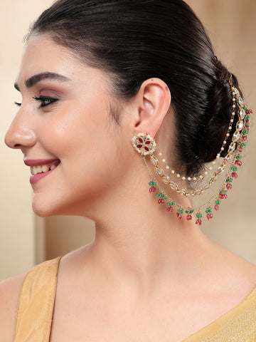 KARATCART Ethnic Gold-Plated Pink and Green Crystal Kundan Kaanchain Earrings for Women