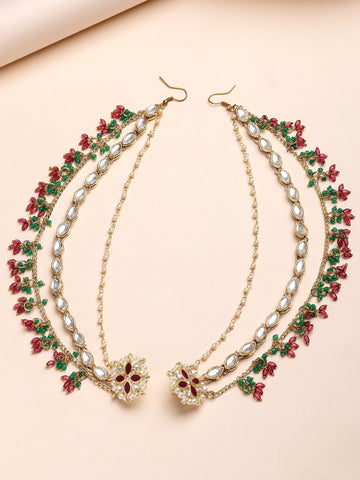 KARATCART Ethnic Gold-Plated Pink and Green Crystal Kundan Kaanchain Earrings for Women
