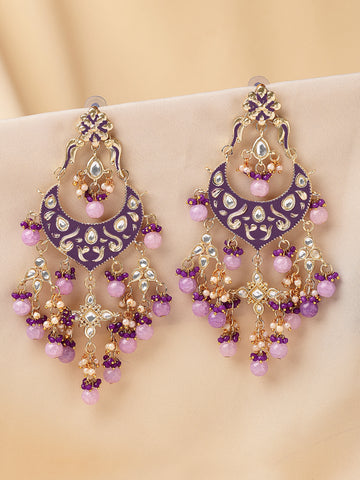 KARATCART Designer Gold-Plated Purple Enamel and Beads Kundan Dangler Earrings for Women