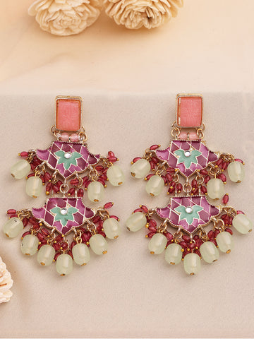KARATCART Designer Gold-Plated Pink and Green Enamel Dangler Earrings for Women