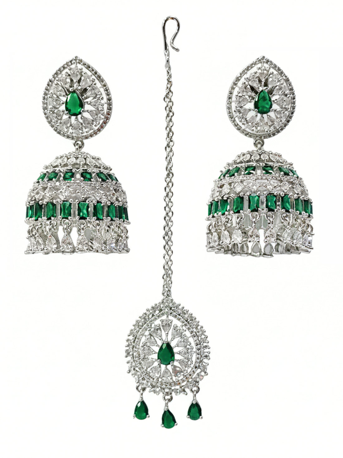 KARATCART Sparkling Green American Diamond Silver-Plated Jhumka Earrings and Maangtikka Combo