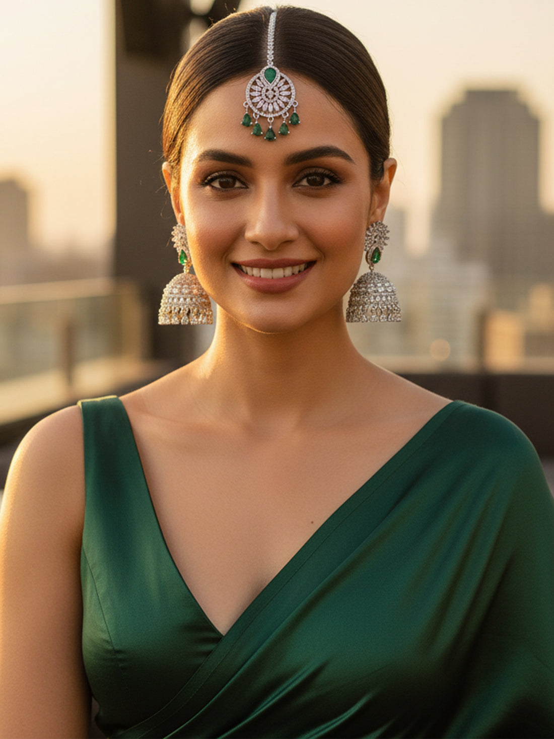 KARATCART Stunning Green American Diamond Silver-Plated Jhumka Earrings and Maangtikka Combo