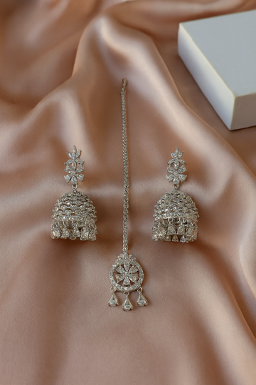 KARATCART Dazzling American Diamond Silver-Plated Jhumka Earrings and Maangtikka Combo for Women