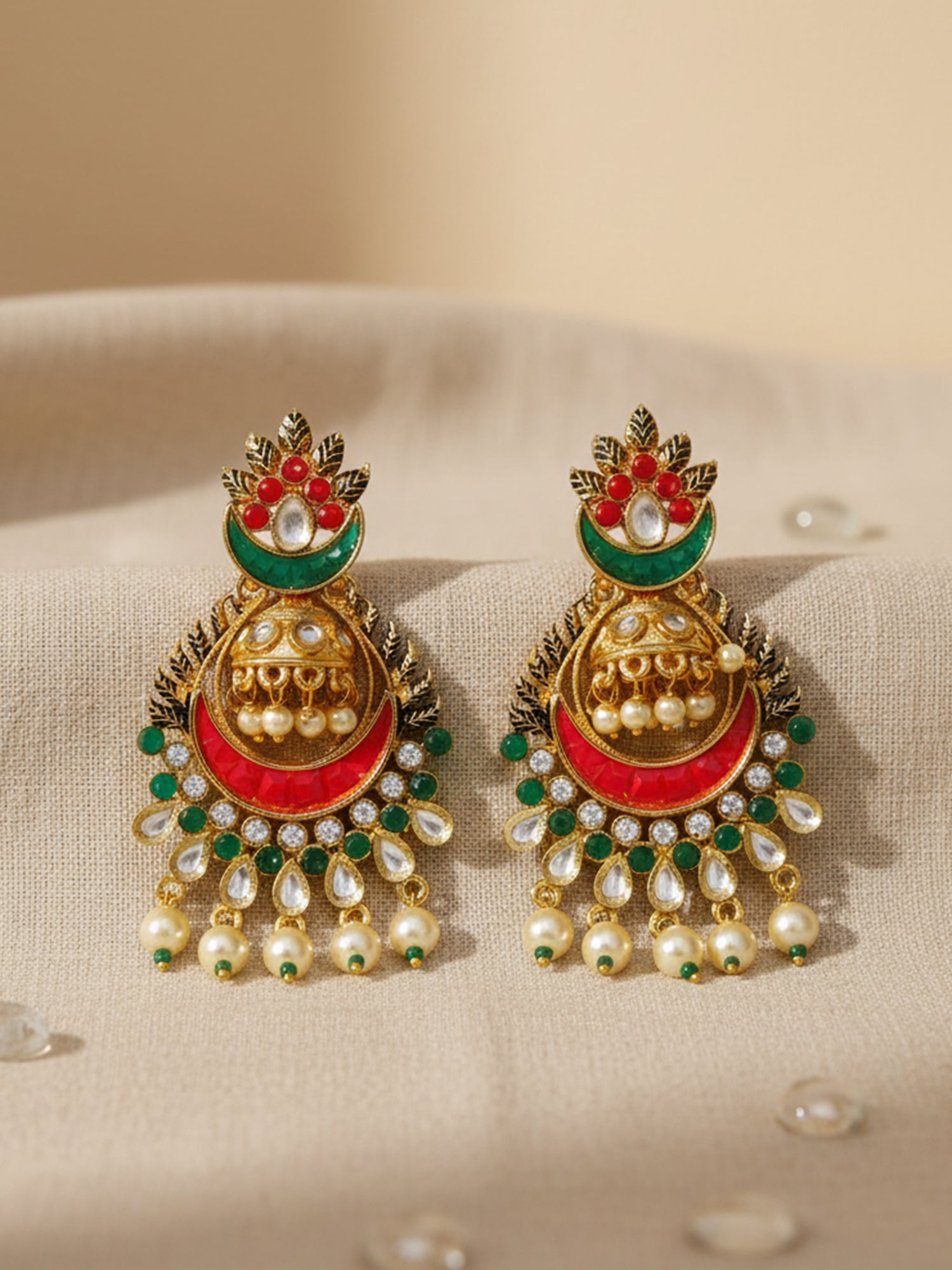 Gold Plated Pearl Beads Red and Green Kundan Chandbali Earrings