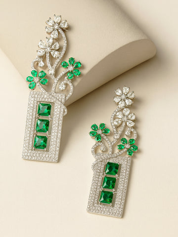 Green American Diamond Studded Floral Dangler Earrings