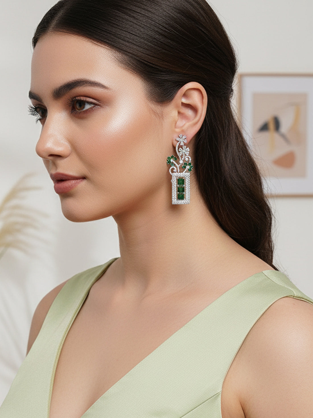 Green American Diamond Studded Floral Dangler Earrings