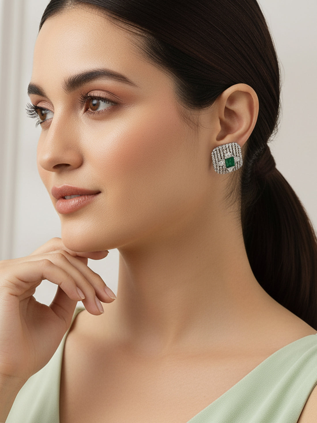 Silver Tone Green Square American Diamond Drop Earrings for Women