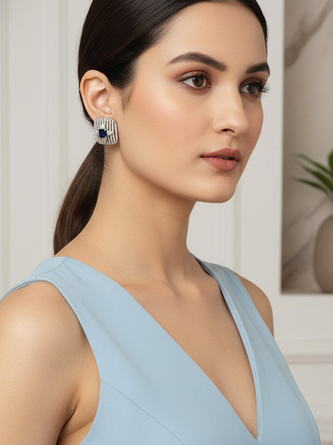 Silver Tone Blue Square American Diamond Drop Earrings for Women