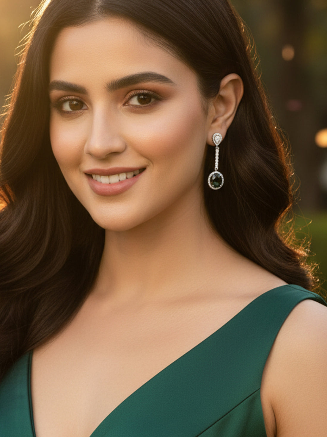 Silver Tone Green American Diamond Drop Earrings for Women