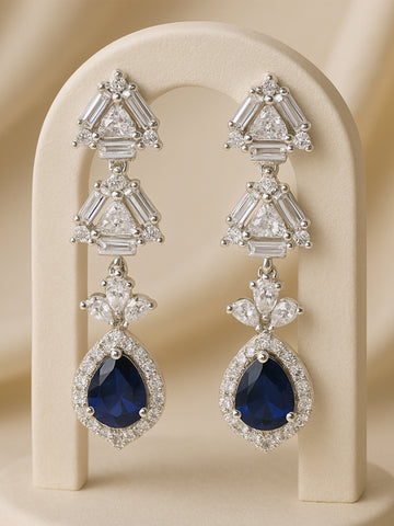 Karatcart Silver Tone Blue American Diamond Drop Earrings for Women