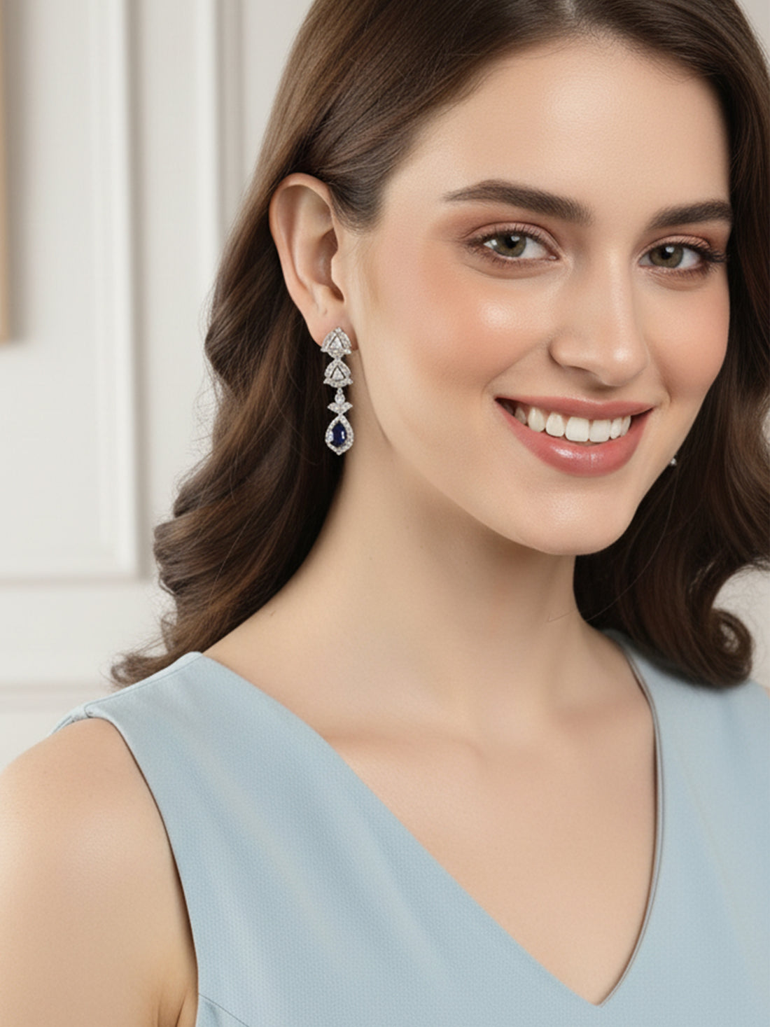 Karatcart Silver Tone Blue American Diamond Drop Earrings for Women