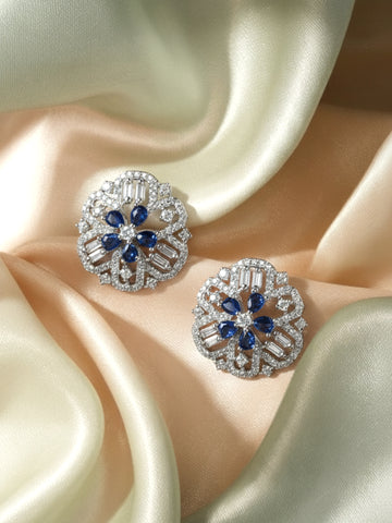 Karatcart Silver Tone American Diamond Studded Blue Stud Earrings for Women