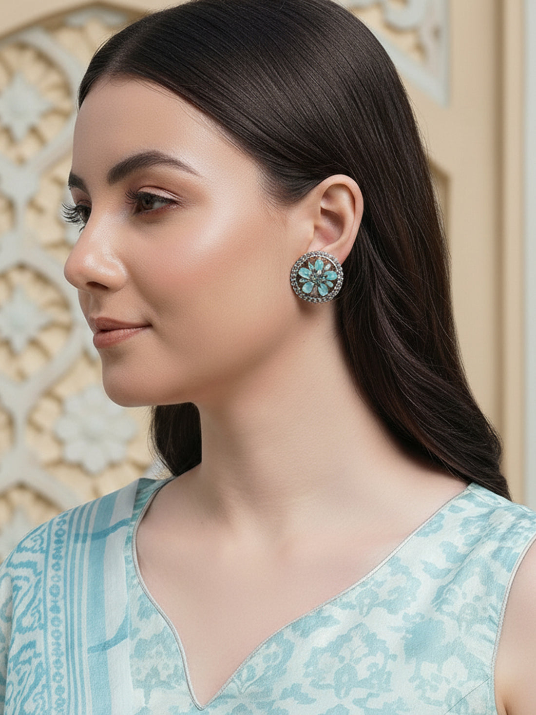 Karatcart Light Green American Diamond Studded Floral Stud Earrings for Women