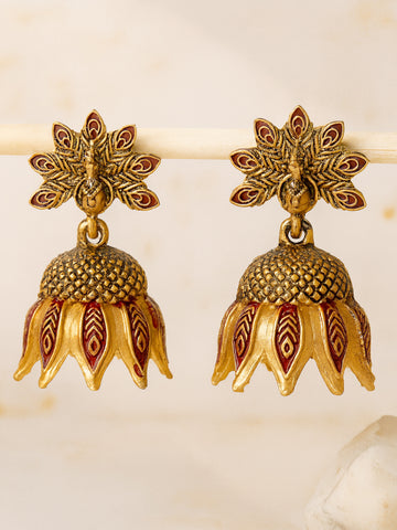 Karatcart Gold Plated Peacock Design Maroon Jhumki Earrings for Women