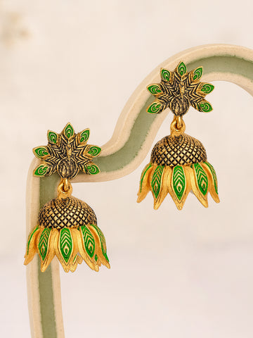 Karatcart Gold Plated Peacock Design Light Green Jhumki Earrings for Women
