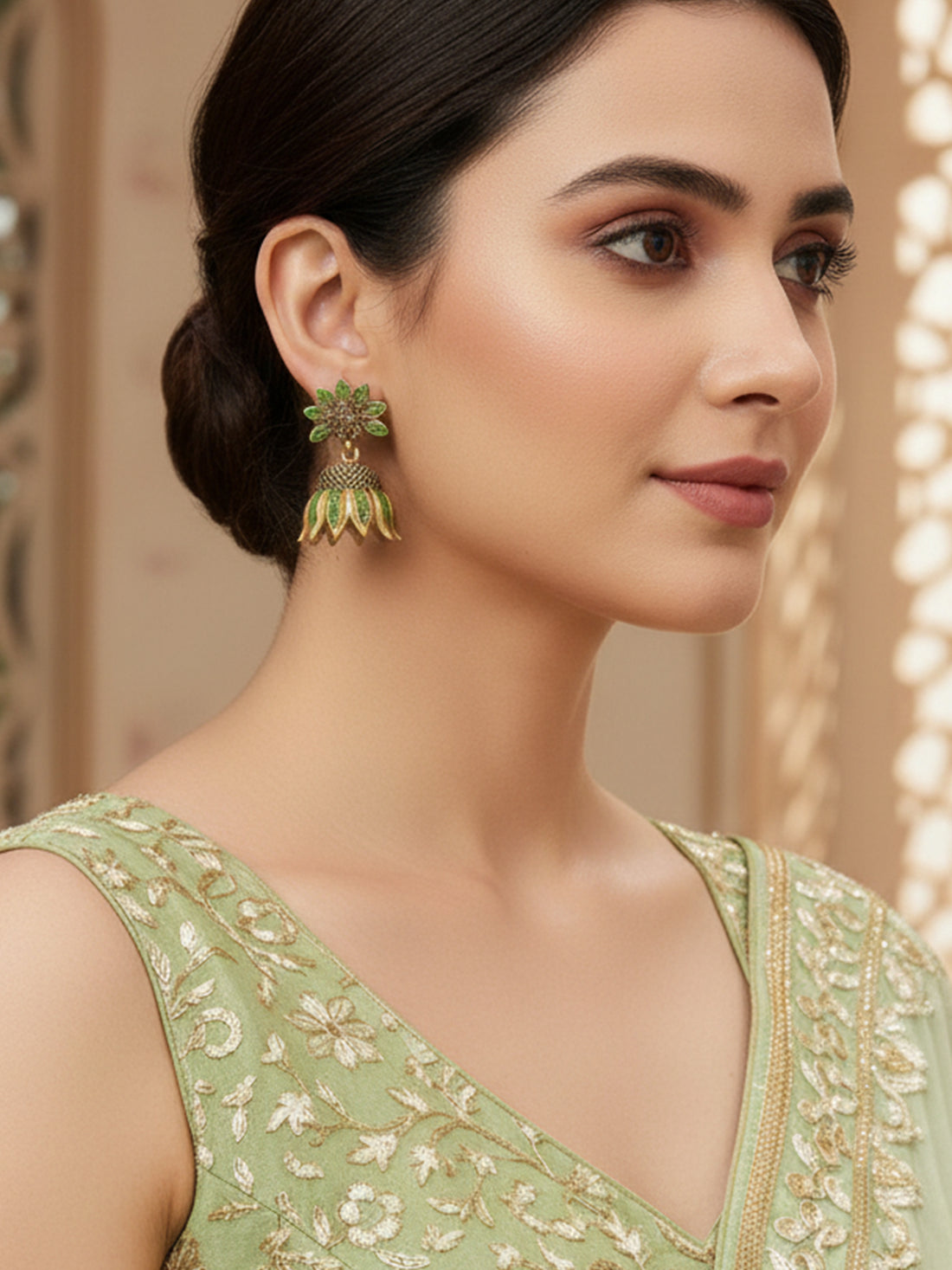 Karatcart Gold Plated Peacock Design Light Green Jhumki Earrings for Women