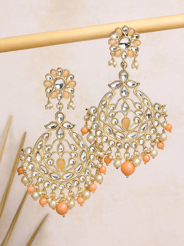 Karatcart Gold Plated Peach Beads and Pearl Studded Kundan Dangler Earrings for Women