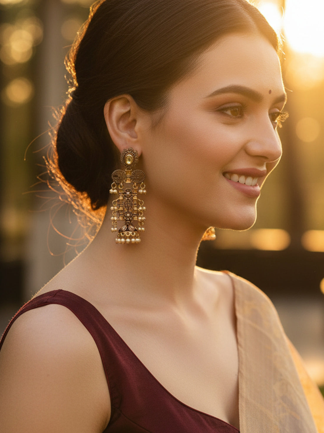Karatcart Antique Gold Plated Maroon Kundan Drop Earrings for Women