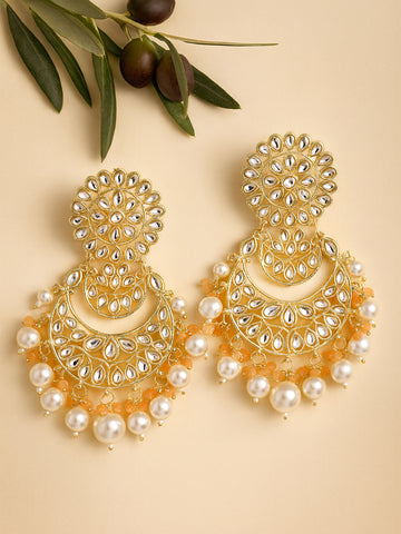 Karatcart Gold Plated Peach and Pearl Beads Studded Kundan Dangler Earrings for Women