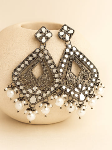 Karatcart Black Silver Plated Mirror Studded Diamond Shape Dangler Earrings for Women