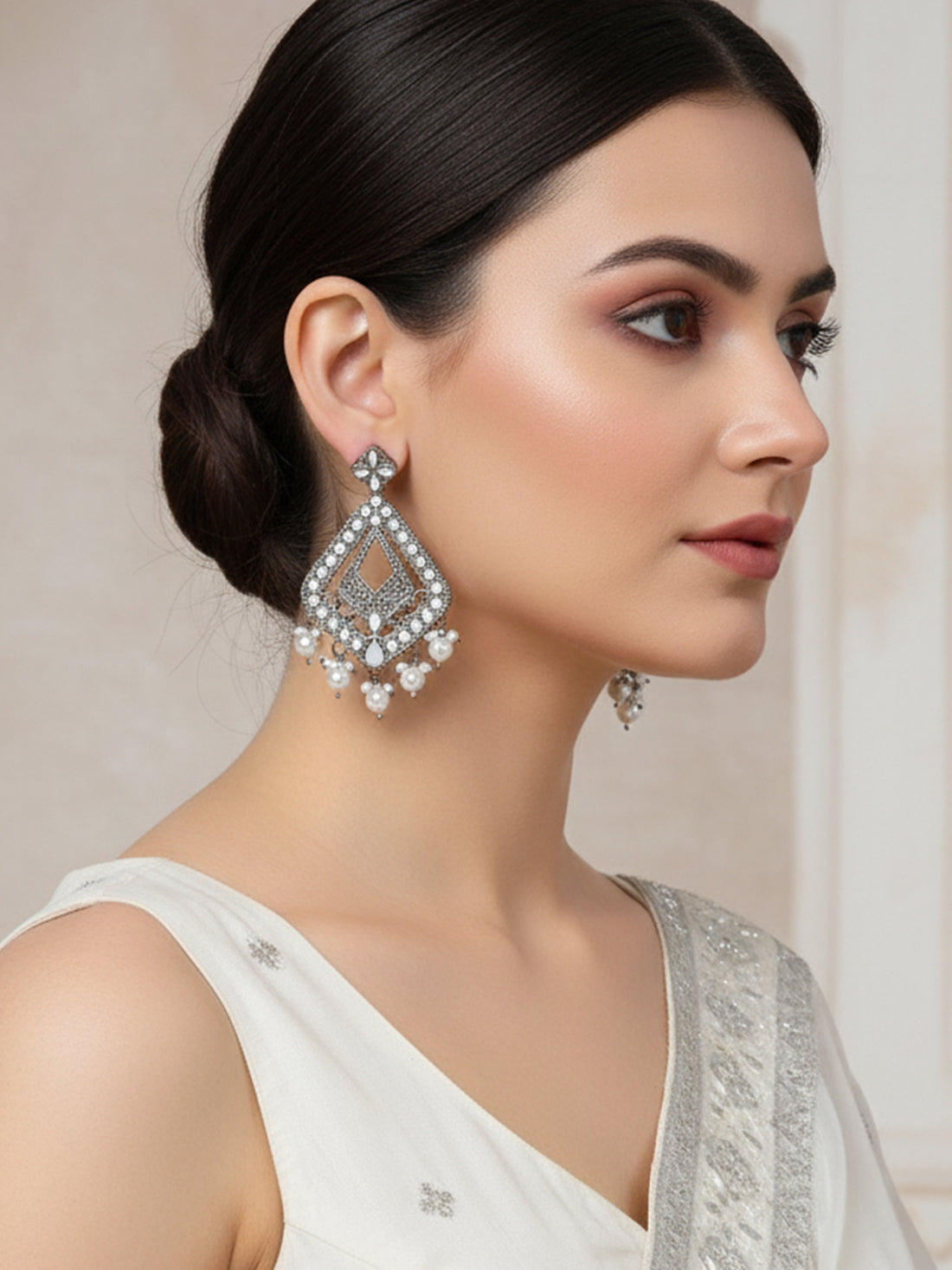 Karatcart Black Silver Plated Mirror Studded Diamond Shape Dangler Earrings for Women