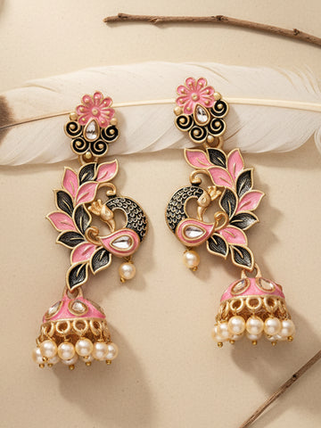 Karatcart Gold Plated Peacock Shape Pink Kundan Dangler Jhumki Earrings for Women