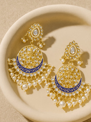 Karatcart Gold Plated Handcrafted Blue Meena and Pearl Dangler Earrings for Women