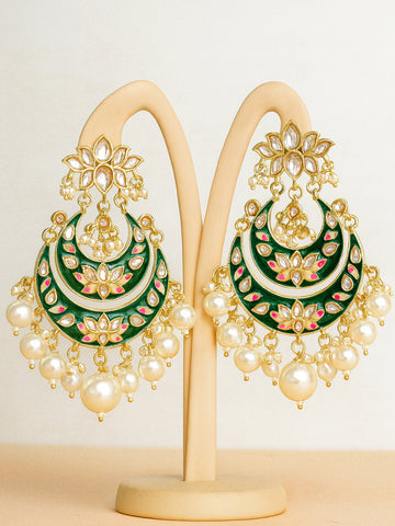Karatcart Gold Plated Green Meena Lotus Design Pearl Studded Chandbali Earrings for Women