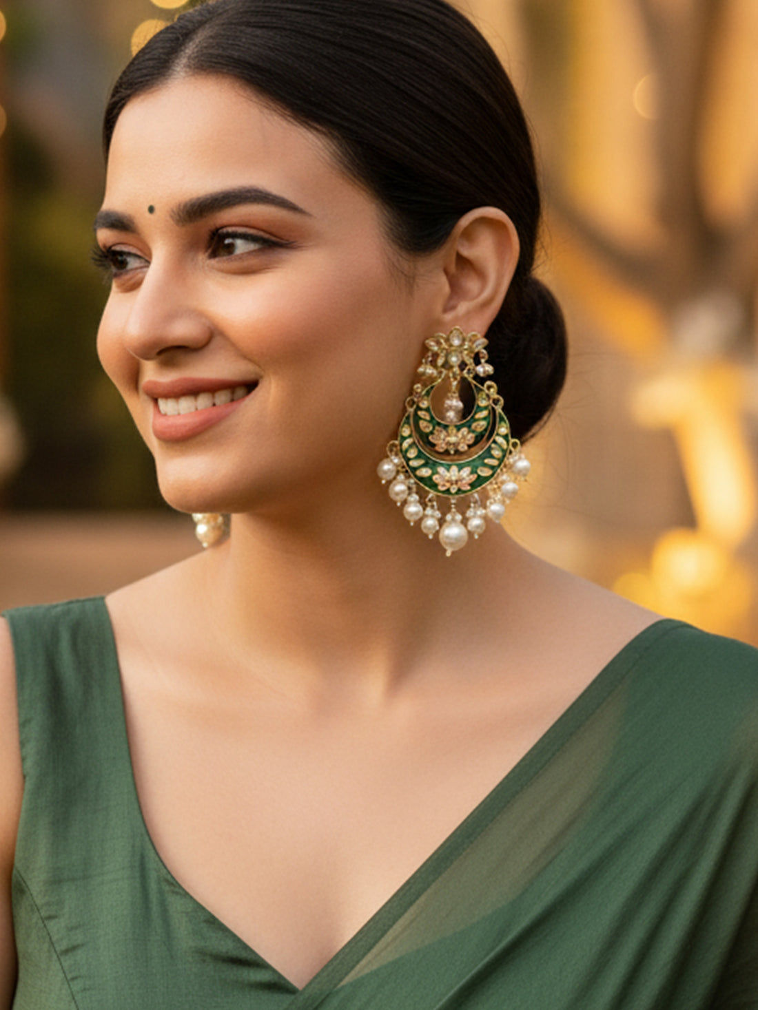 Karatcart Gold Plated Green Meena Lotus Design Pearl Studded Chandbali Earrings for Women
