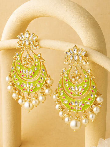 Karatcart Gold Plated Light Green Meena Lotus Design Pearl Studded Chandbali Earrings for Women