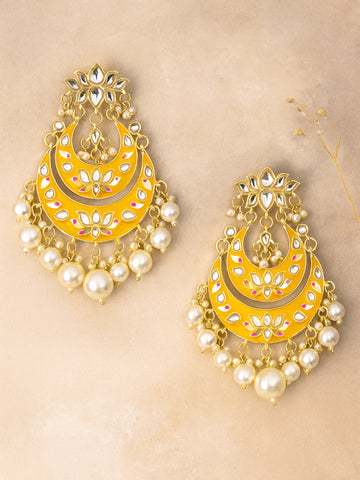 Karatcart Gold Plated Yellow Meena Lotus Design Pearl Studded Chandbali Earrings for Women