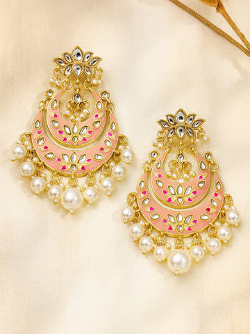 Karatcart Gold Plated Pink Meena Lotus Design Pearl Studded Chandbali Earrings for Women